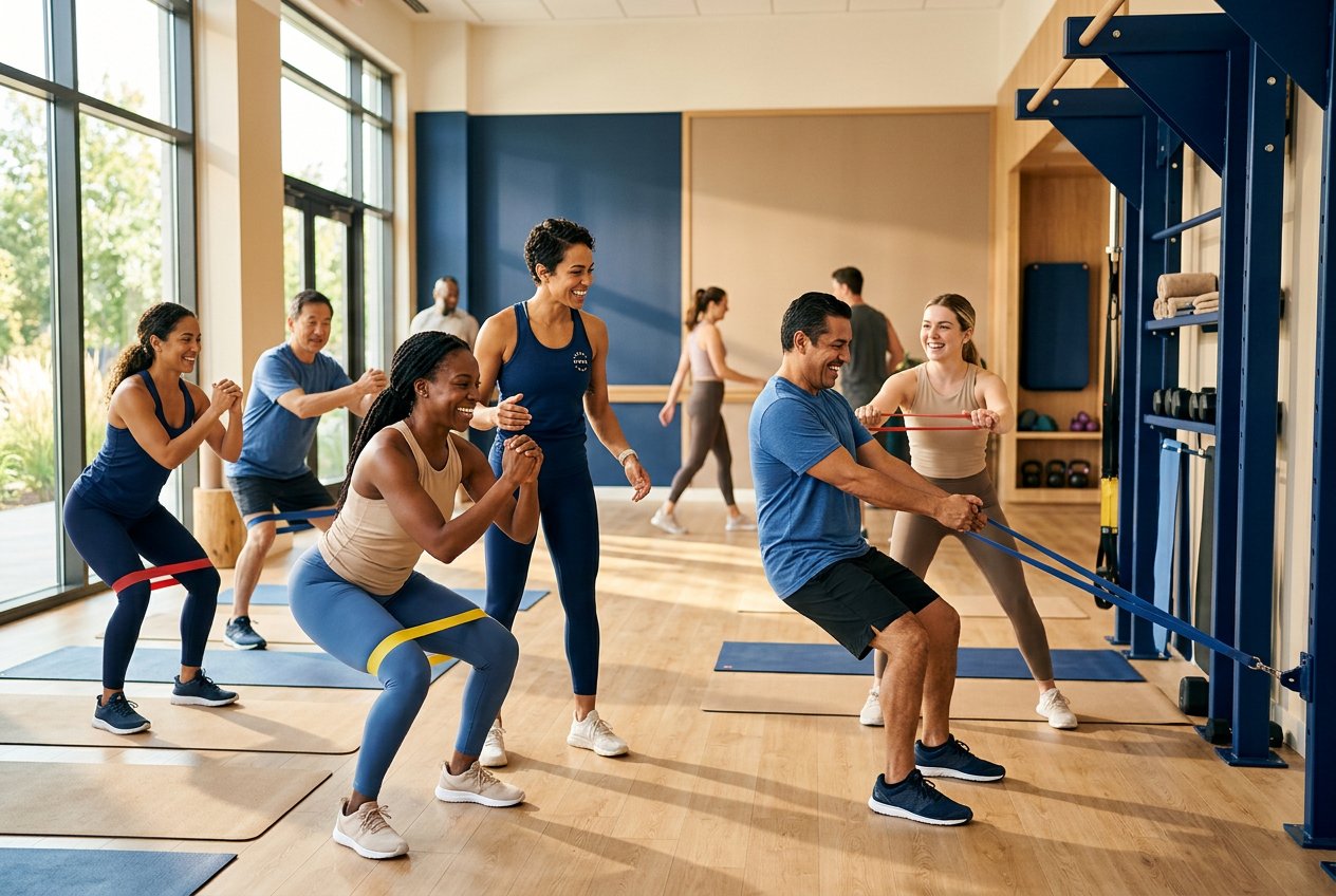 Group doing functional exercises in a bright studio
