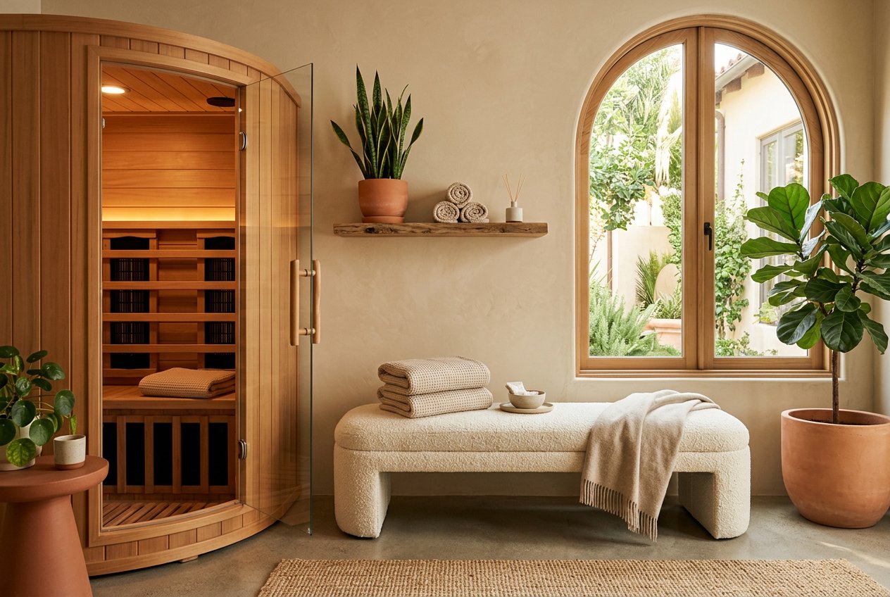 Calm recovery room with sauna and treatment bench