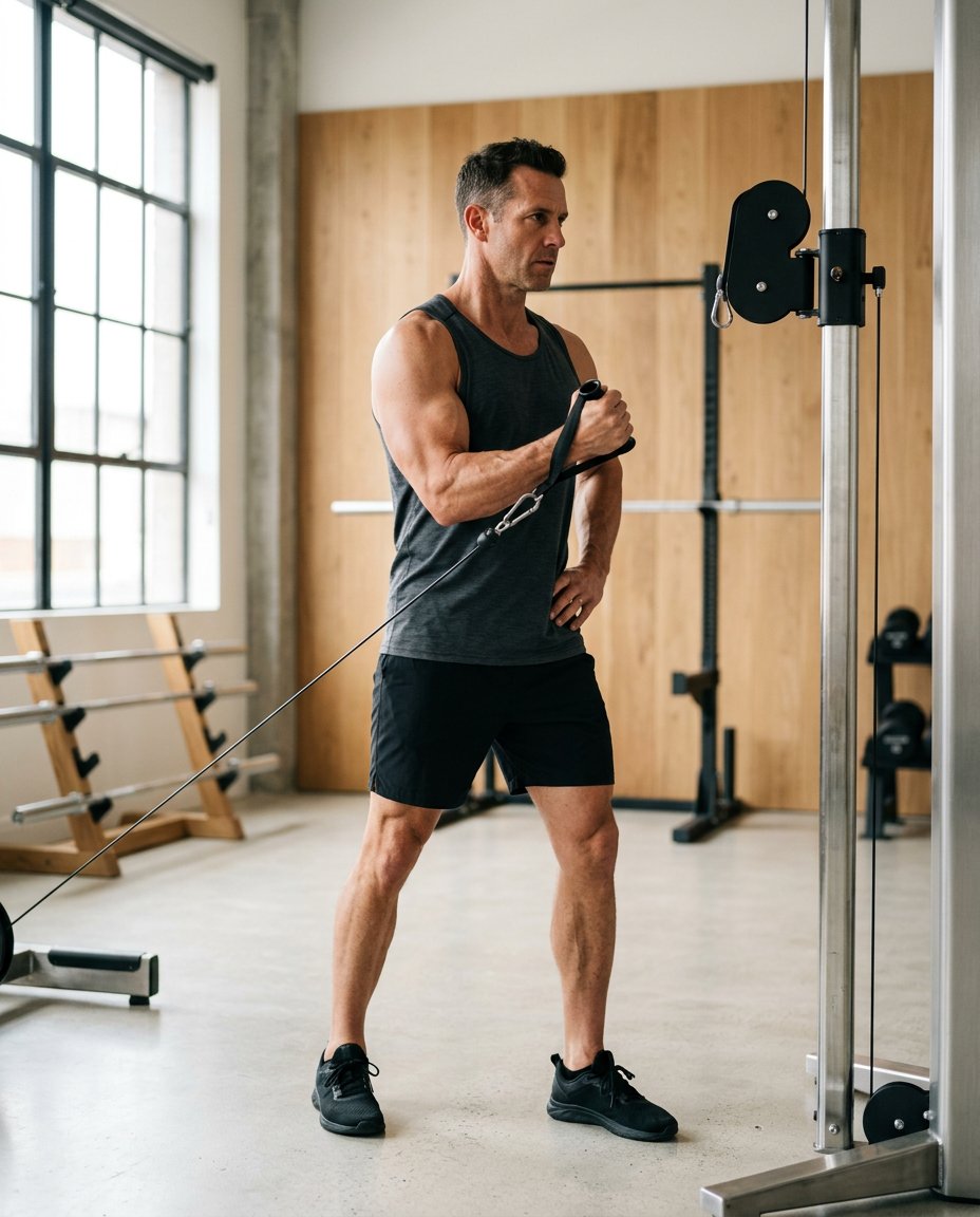 Athlete training on a cable machine in a bright studio